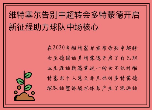 维特塞尔告别中超转会多特蒙德开启新征程助力球队中场核心