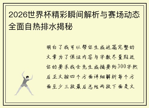 2026世界杯精彩瞬间解析与赛场动态全面自热排水揭秘