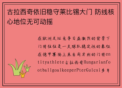 古拉西奇依旧稳守莱比锡大门 防线核心地位无可动摇